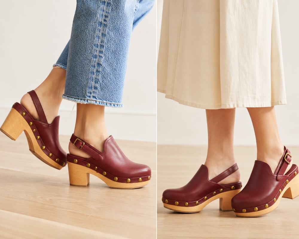 Charlotte Stone Burgundy Leather Studded Wooden Platform Clogs Slingback Heels 8